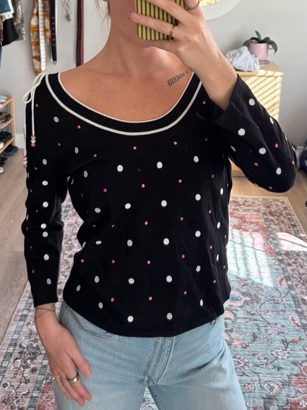 Peck & Peck Y2K Black Pink Polka Dot Beaded Long Sleeve Top L